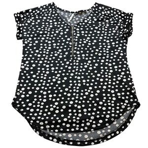 Rene Ricci Black Polka Dot Zip Front Blouse S Short Sleeve Top